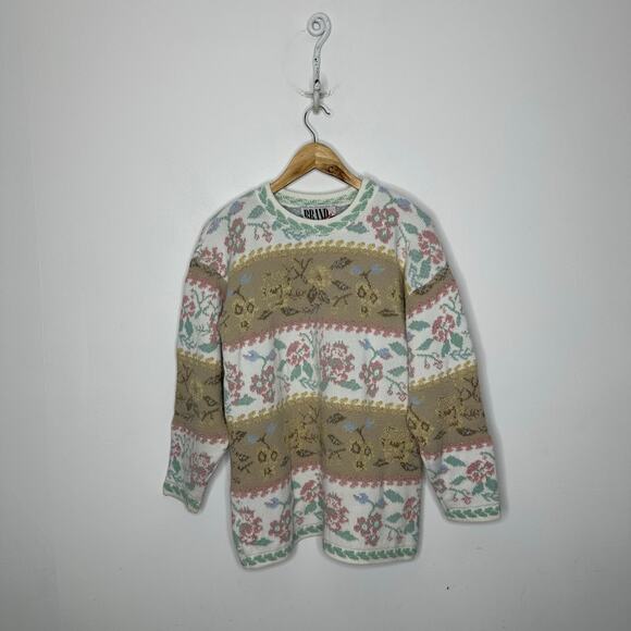VINTAGE 90s Chunky Sweater Victorian floral Beige sparkly overesized thick Small - Picture 2 of 6